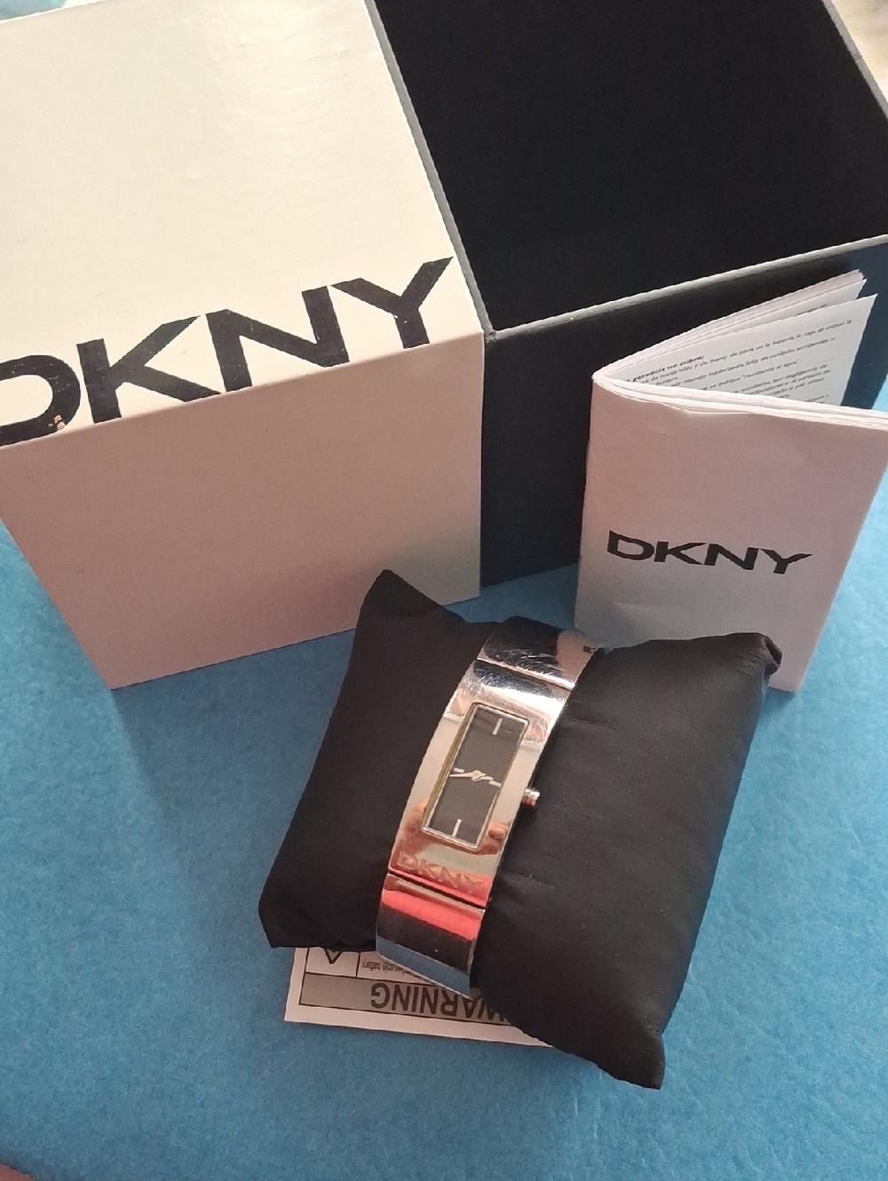 DKNY Silver-Tone Bangle Watch with Black Rectangular Dial